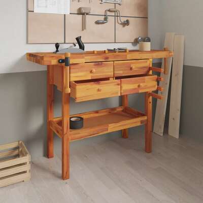 Solid Acacia Wood Workbench Drawers Vices | EXTG