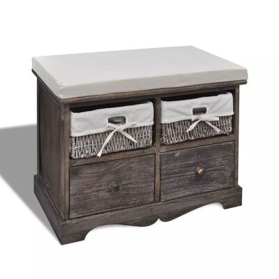 Brown Paulownia Wood Storage Bench 2 Weaving Baskets 2 Drawers