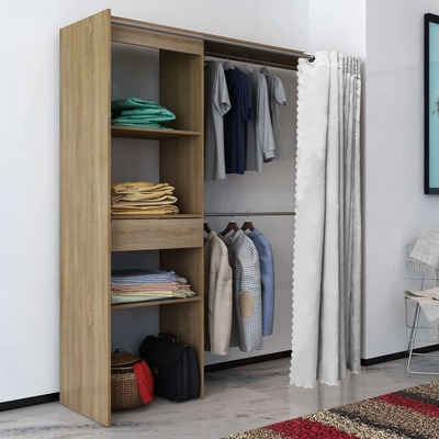 Cloth Cabinet with Curtain Adjustable in Width 121-168 cm Oak