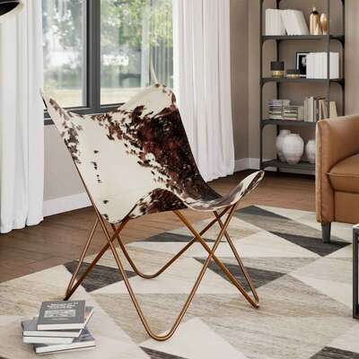 Butterfly Chair Real Cowhide Leather Brown White | EXTG