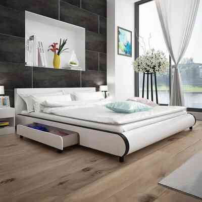 Bed Frame White faux Leather White King Size