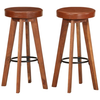 Bar Chairs 2 pcs Real Leather and Solid Acacia Wood