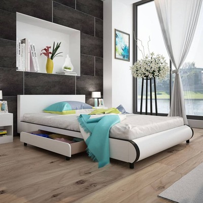 Bed Frame White faux leather Queen Size