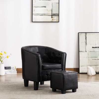 Tub Chair with Footstool Black faux Leather
