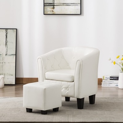 Tub Chair with Footstool White faux Leather