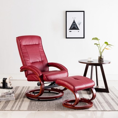 Reclining Chair with Footstool Wine Red Faux Leather
