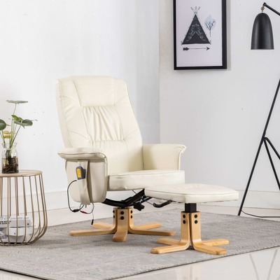 TV Massage Recliner with Footstool Cream faux Leather