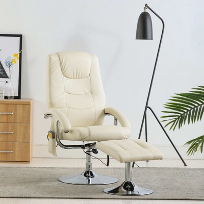 Massage Recliner with Footstool faux Leather Cream White