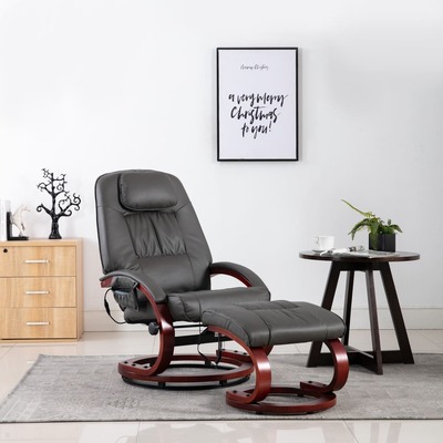 Massage Recliner with Footstool Grey faux Leather