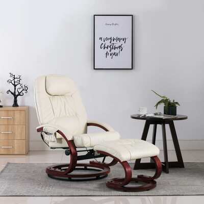 Massage Recliner with Footstool Cream White faux Leather