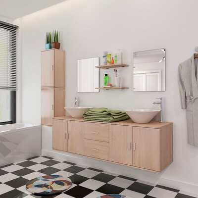 Nine Piece Bathroom Furniture and Basin Set Beige