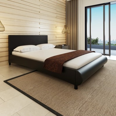 Bed with Memory Foam Mattress Black faux Leather Queen Size