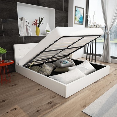 Bed with Memory Foam Mattress White faux Leather Double