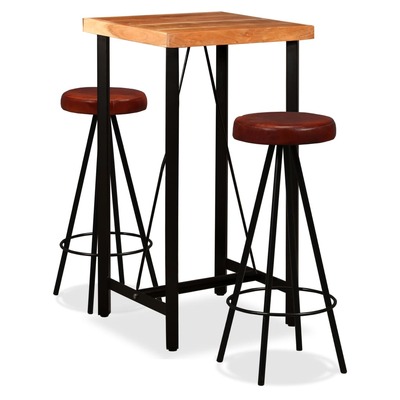 3 Piece Bar Set Solid Sheesham Wood and Genuine Leather