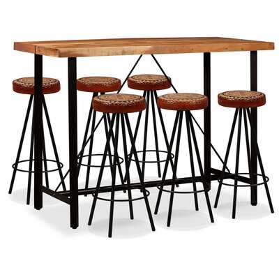 7 Piece Bar Set Solid Sheesham Wood, Genuine Leather & Canvas