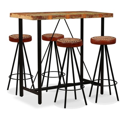 5 Piece  Bar Set Solid Reclaimed Wood, Genuine Leather & Canvas
