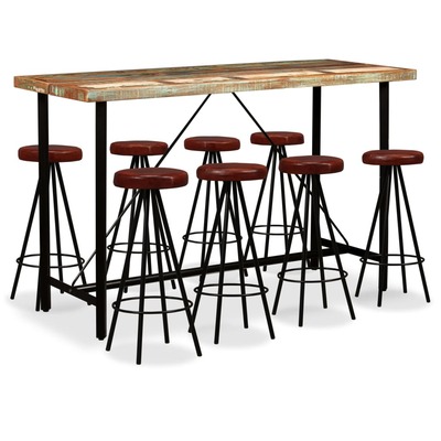 9 Piece Bar Set Solid Reclaimed Wood and Genuine Leather
