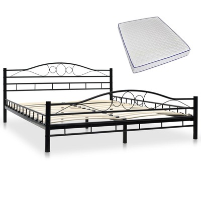 Bed with Memory Foam Mattress, Black Metal  Queen