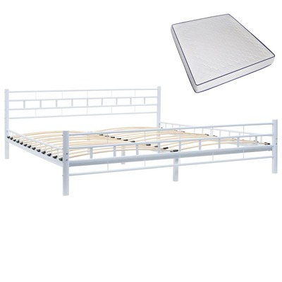 Bed with Memory Foam Mattress, White Metal  King
