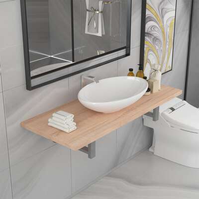 Two Piece Bathroom Furniture Set Ceramic Oak