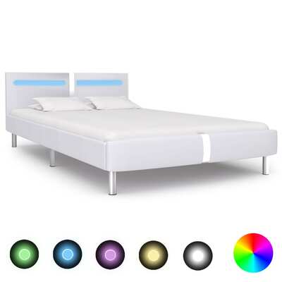 Bed Frame with LED White faux Leather King Single