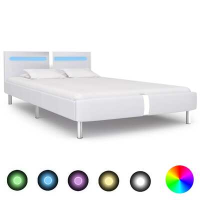 Bed Frame with LED White faux Leather King