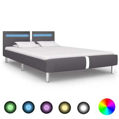 Bed Frame with LED Grey Faux Leather Double