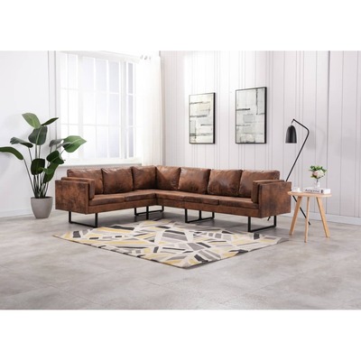 Corner Sofa Faux Suede Leather Brown