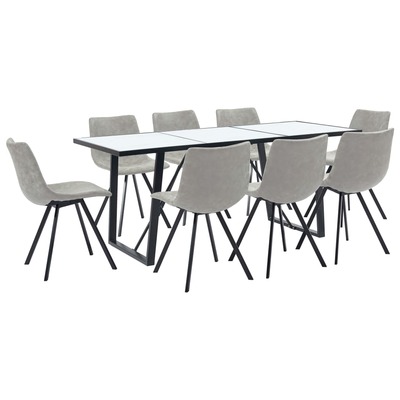 9 Piece Dining Set Light Grey Faux Leather
