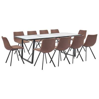 11 Piece Dining Set Medium Brown Faux Leather