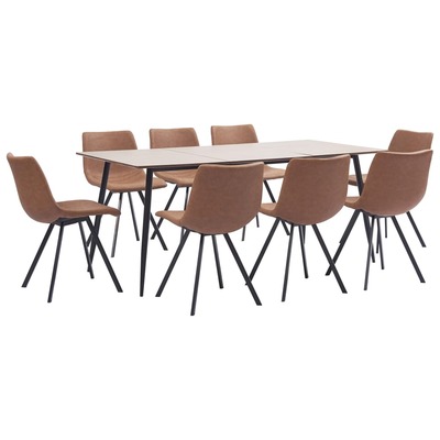 9 Piece Dining Set Medium Brown Faux Leather