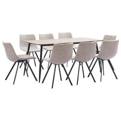 9 Piece Dining Set Light Grey Faux Leather