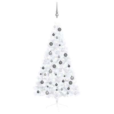 Elegant Half-Moon Brilliance: LED-Lit White Artificial Christmas Tree with Ornament Set