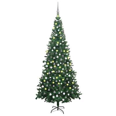 Radiant Evergreen Delight: LED-Lit Green Artificial Christmas Tree with Ornament Set