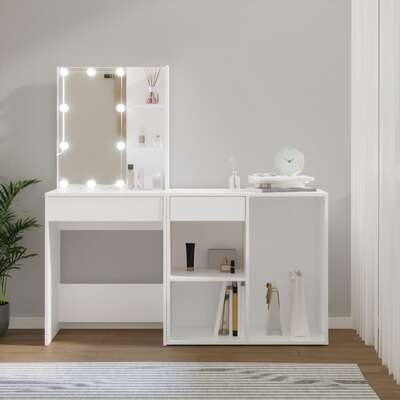 White LED Dressing Table with Cabinet Engineered Wood Storage Vanity Unit