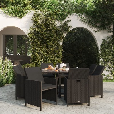 Rattan Noir Dining Delight: 9-Piece Black Poly Rattan Garden Dining Set with Plush Cushions