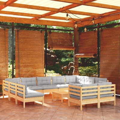 12 Piece Garden Lounge Set With Table & Grey Cushions Solid Pinewood