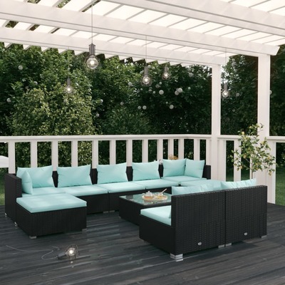 10 Piece Garden Lounge Set with Cushions Poly Rattan (Black)