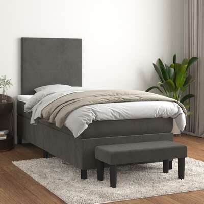 Dark Grey Box Spring Bed Velvet Frame with Pocket Spring Mattress King Single