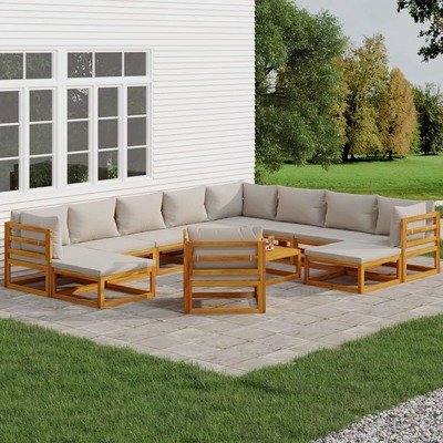 Delight: 12-Piece Solid Wood Garden Lounge with Light Grey Cushions