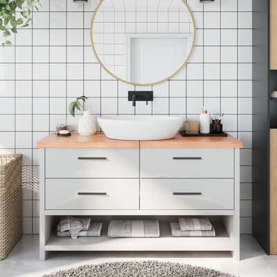 Natural Radiance: Light Brown Treated Solid Wood Bathroom Countertop 