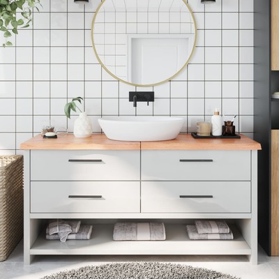 Sophistication: Light Brown Treated Solid Wood Bathroom Countertop