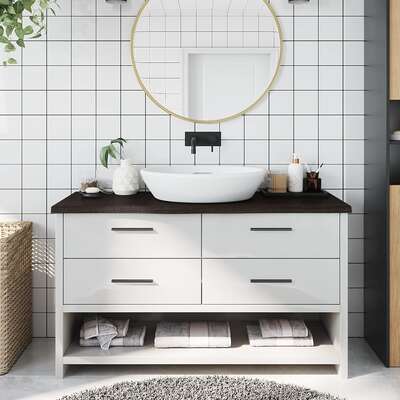 Modern Tranquility: Dark Grey Treated Solid Wood Bathroom Countertop