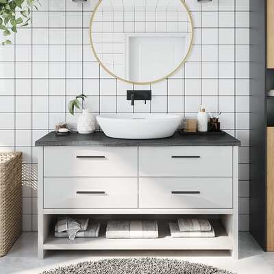 Modern Tranquility: Dark Grey Treated Solid Wood Bathroom Countertop