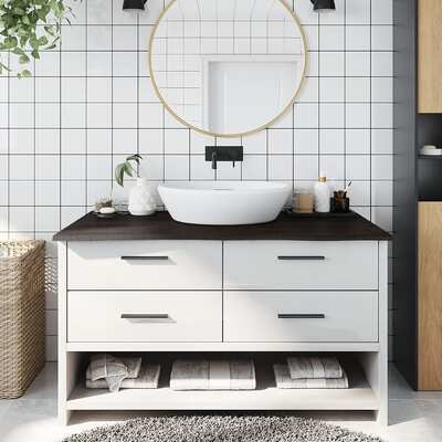 Sleek Sanctuary: Dark Grey Treated Solid Wood Bathroom Countertop
