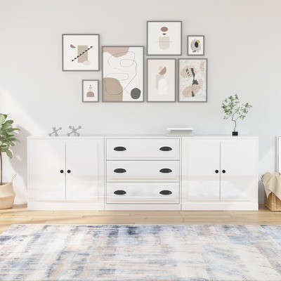 Contemporary Set of 3 High Gloss White Engineered Wood Buffets