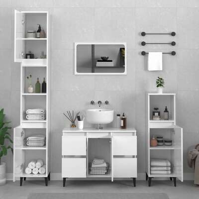Elegant High Gloss White Engineered Wood Trio for Your Bath: 2-Piece Furniture