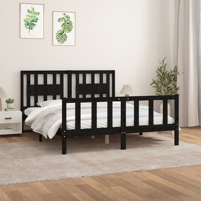 Midnight Majesty: Black Solid Wood Pine Queen Size Bed Frame with Headboard