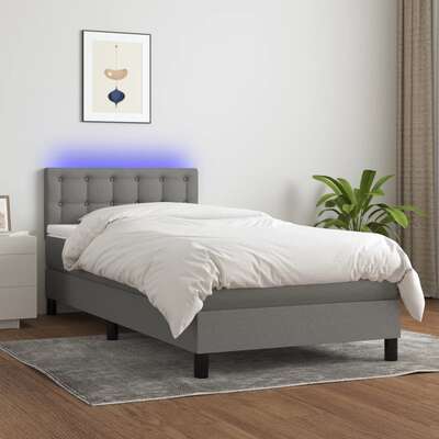Queen Size Box Spring Bed with Mattress and LED USB Strip Dark Grey