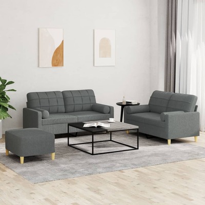 3-Piece Sofa Set with Pillows Dark Grey Fabric